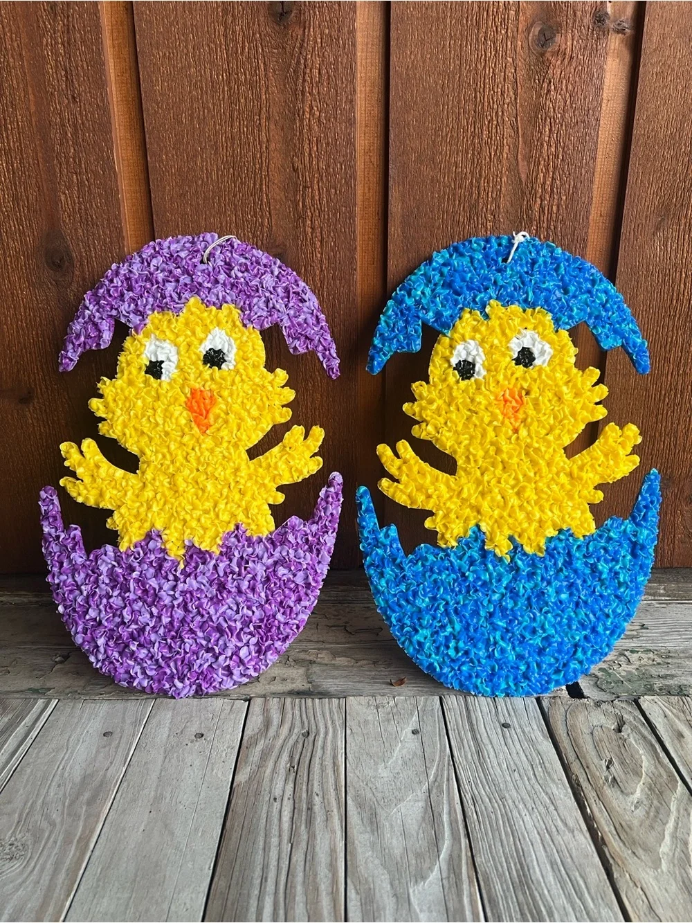 Vintage Easter Melted Plastic Popcorn Chick Egg Wall Decor Pair Retro